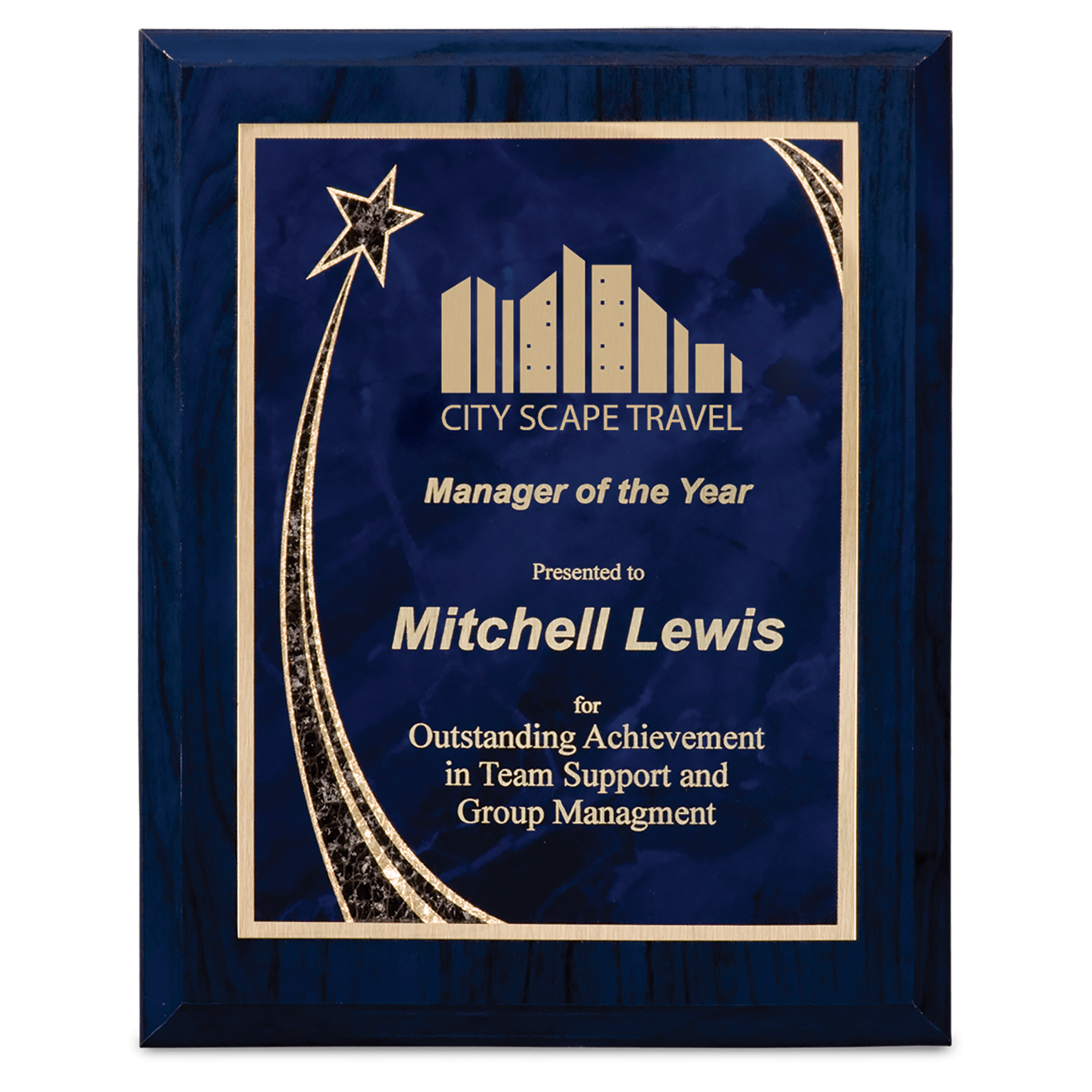 8" x 10" Blue Woodgrain Plaque with Blue Rising Star Plate