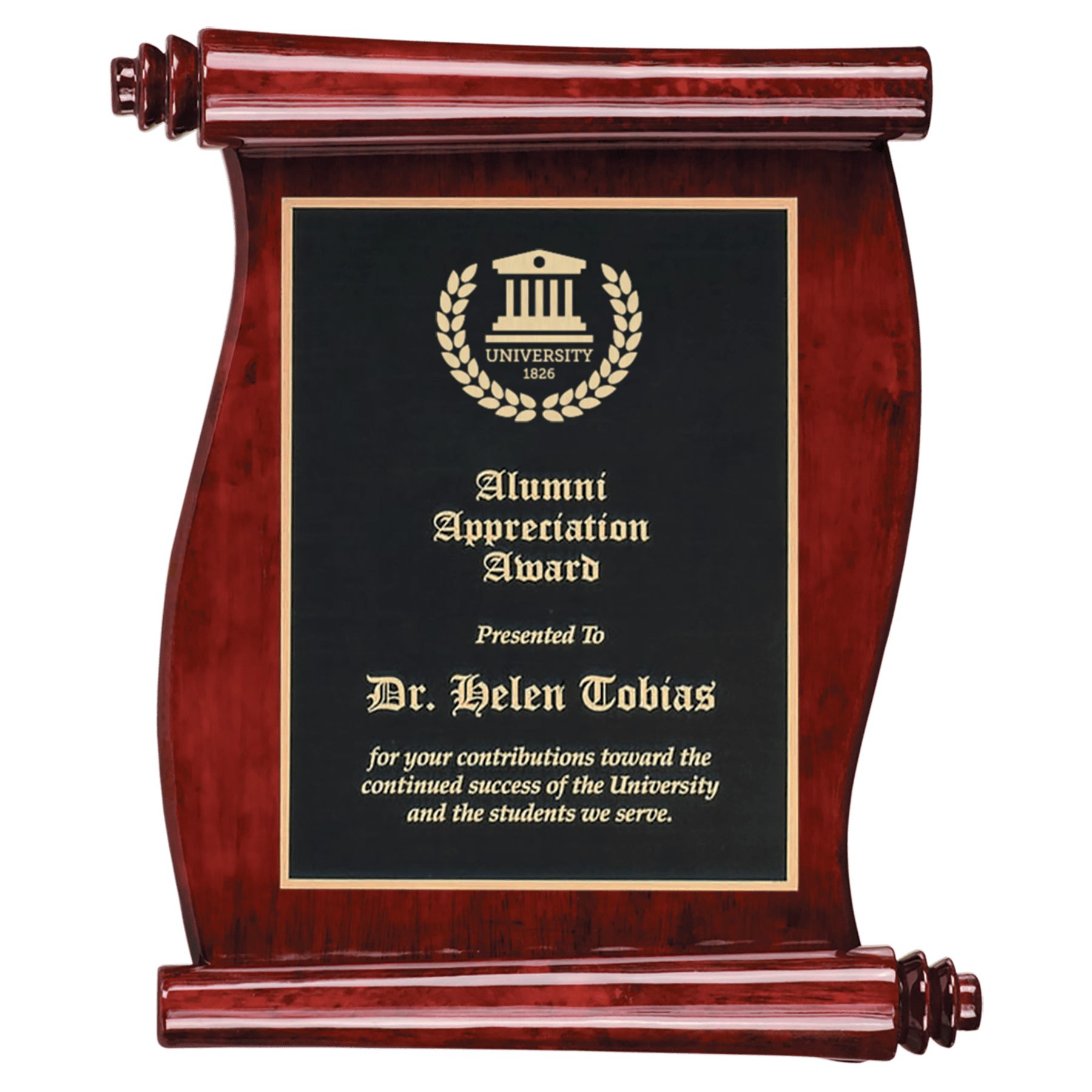 10 1/2" x 14" Rosewood Finish Scroll Plaque with Black Plate