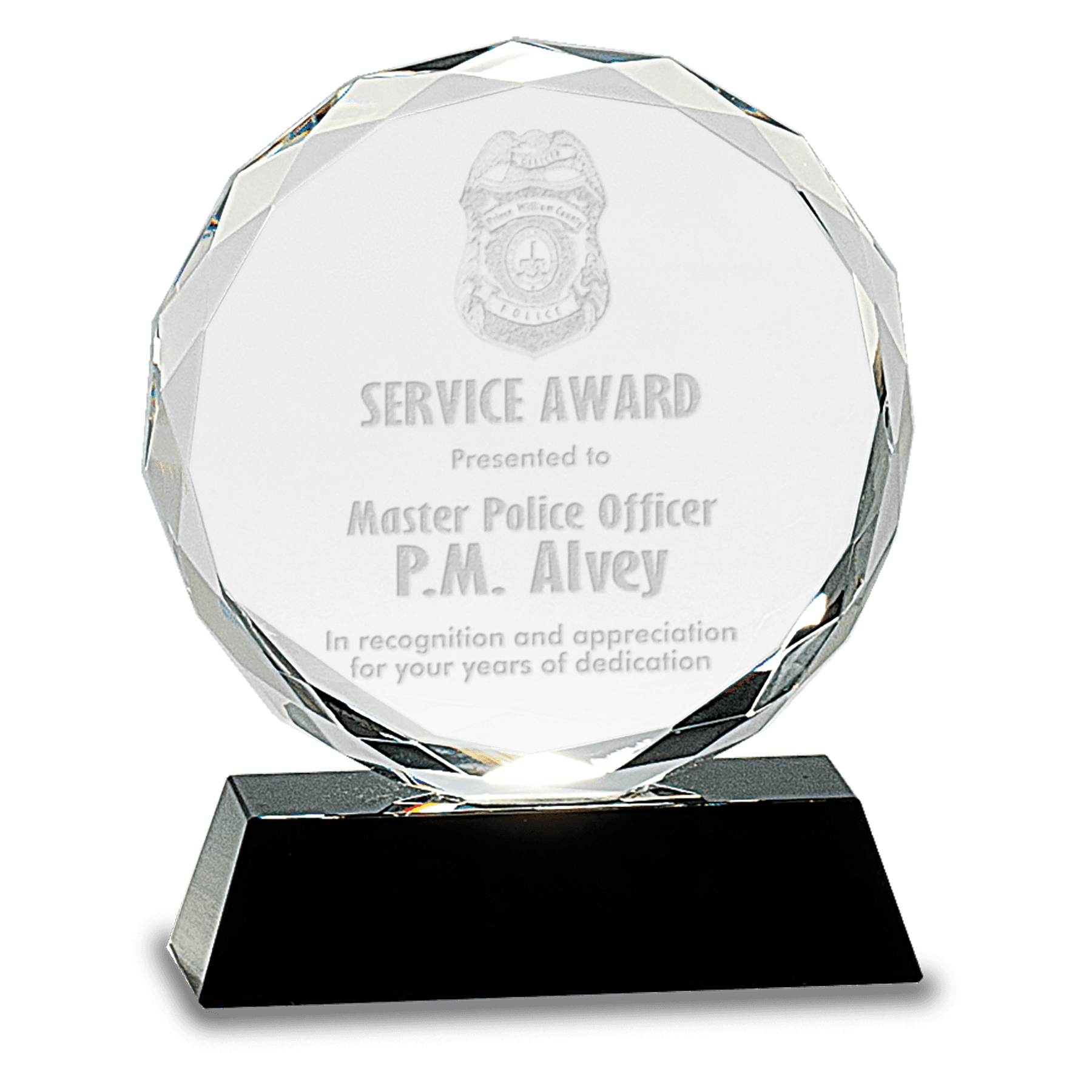 6" Crystal Round Facet on a Black Crystal Base