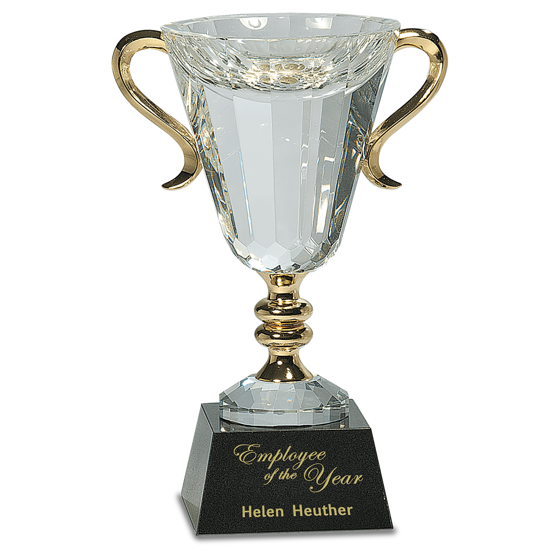 10" Crystal Cup with Gold Metal Handles on Solid Marble Base