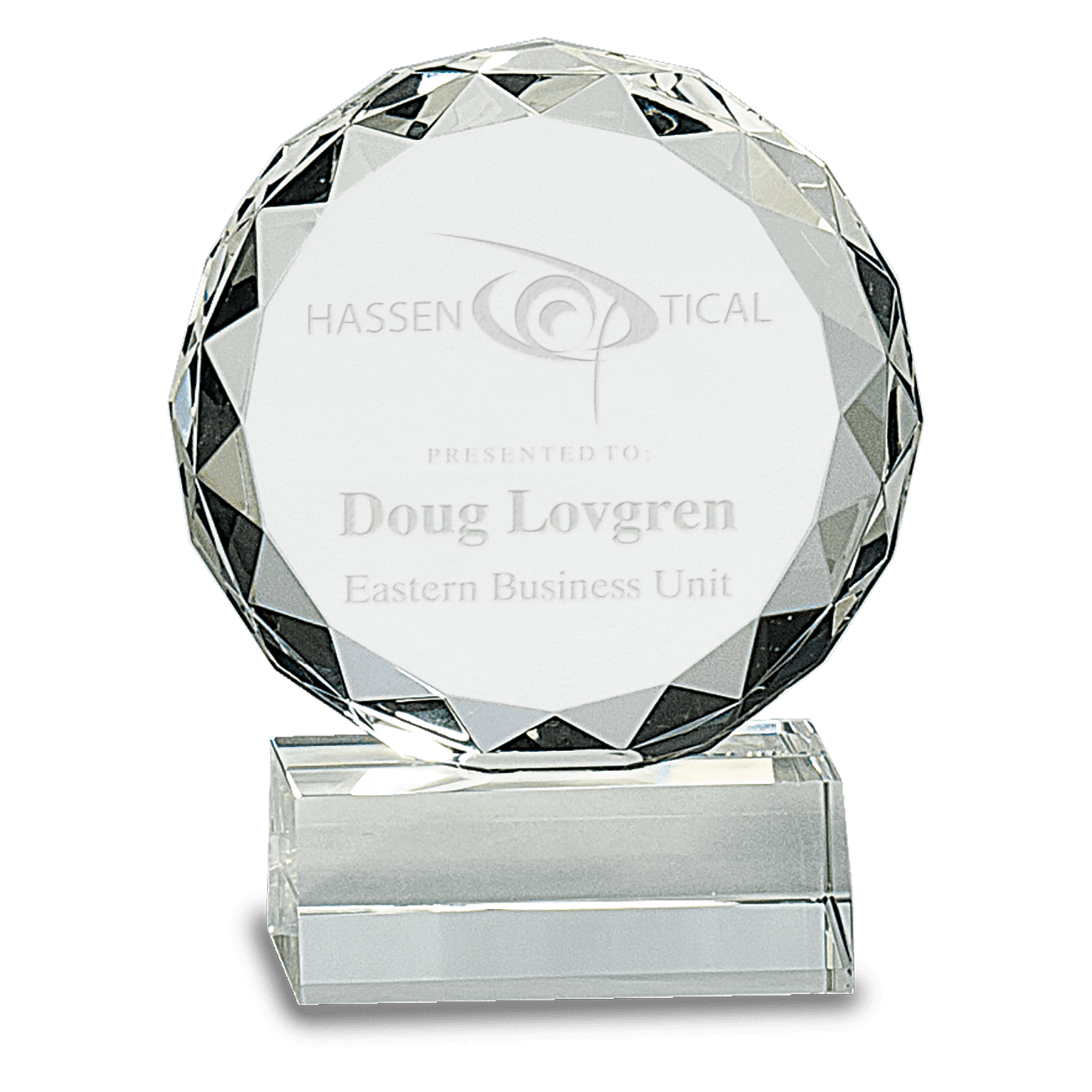 Large Round Facet Crystal on Black Pedestal Base