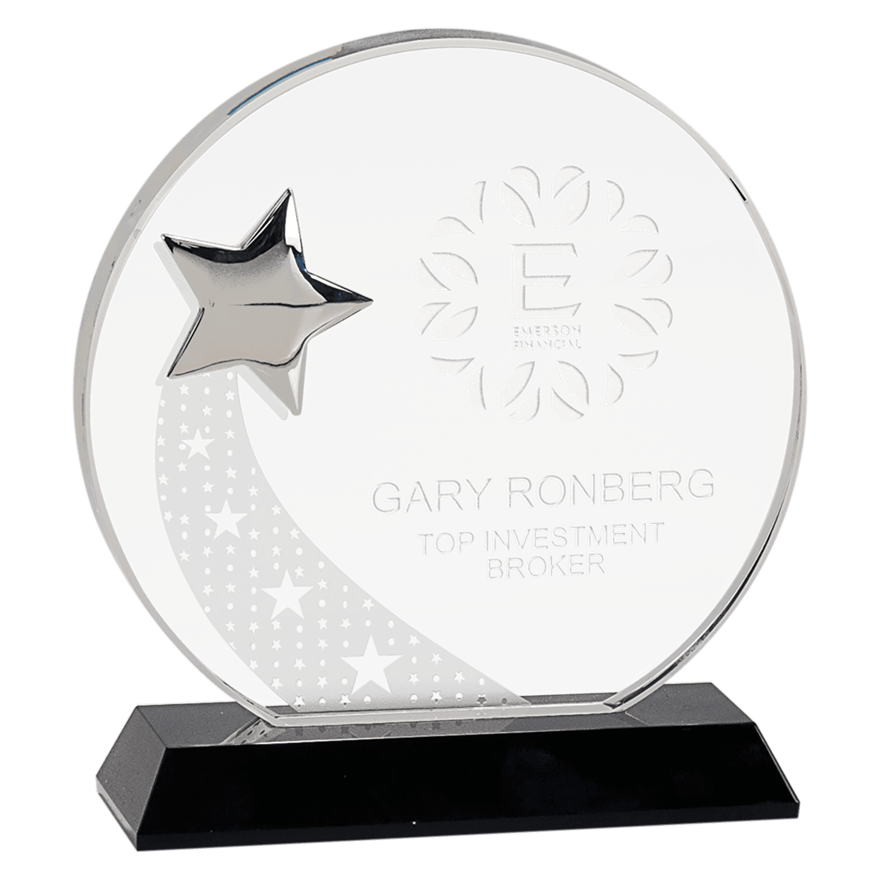 Small Round Crystal with Silver Star on Black Pedestal Base