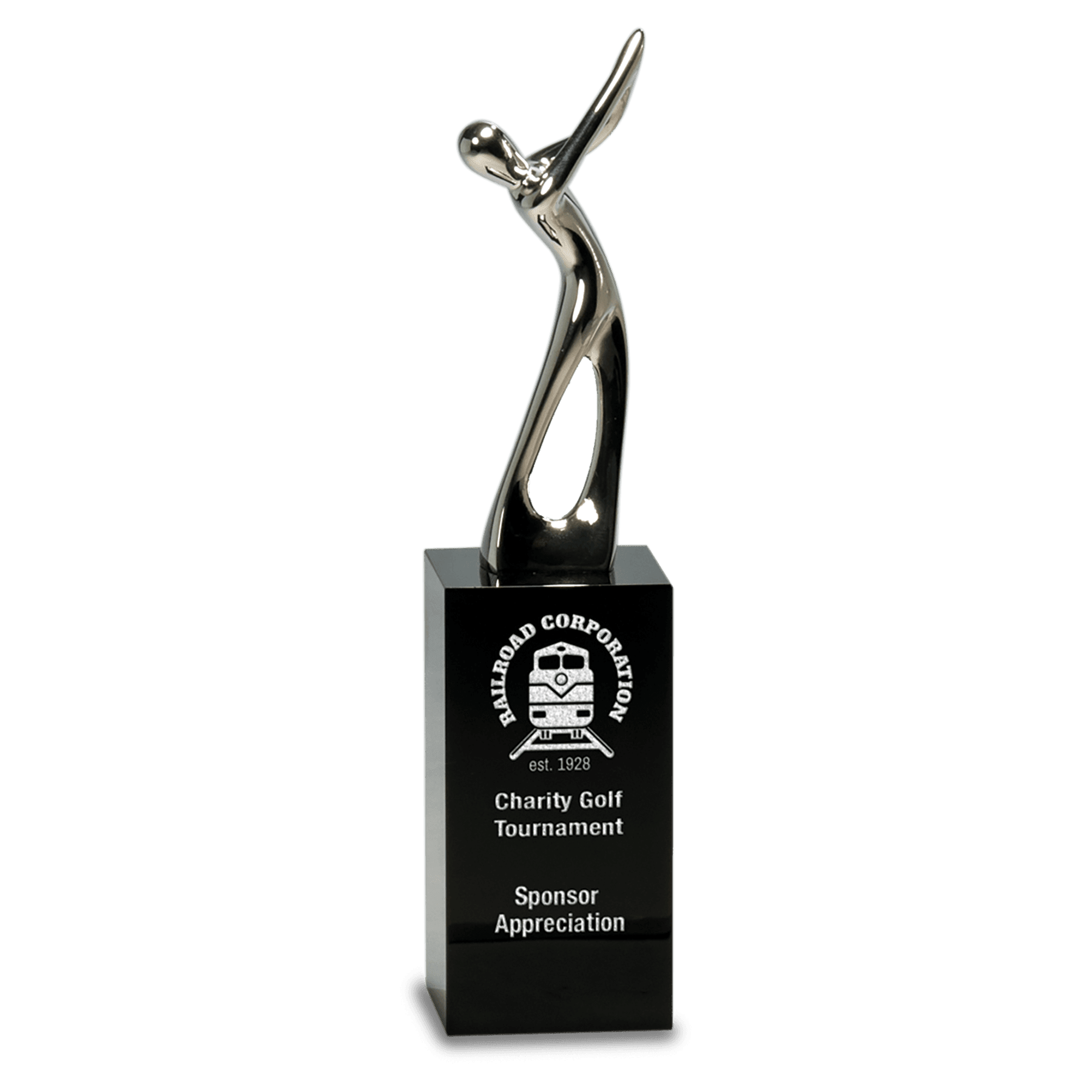 Small Silver Metal Golf Figure on Black Crystal Pedestal