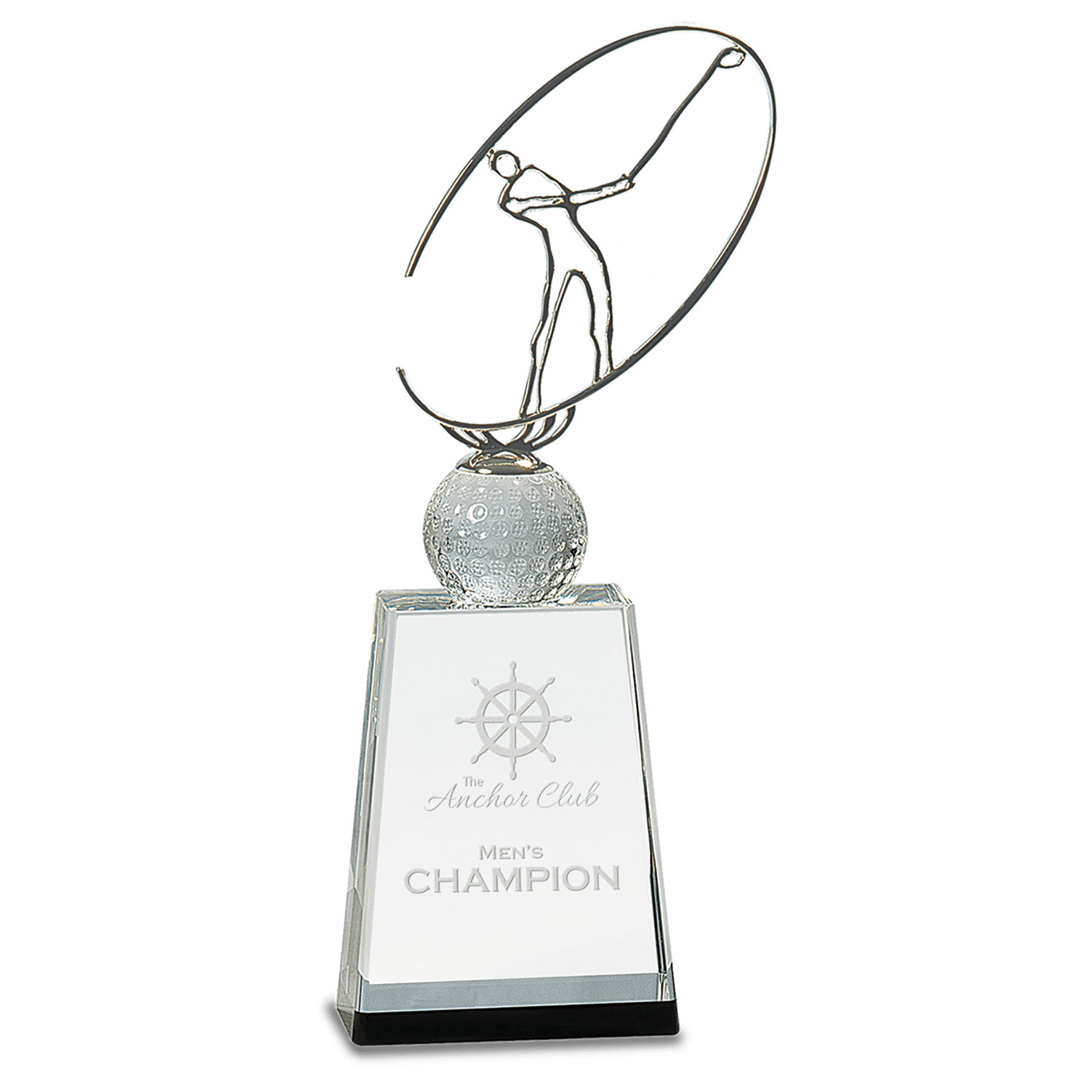 12" Silver Metal Golfer Silhouette on a Crystal Golf Ball & Base