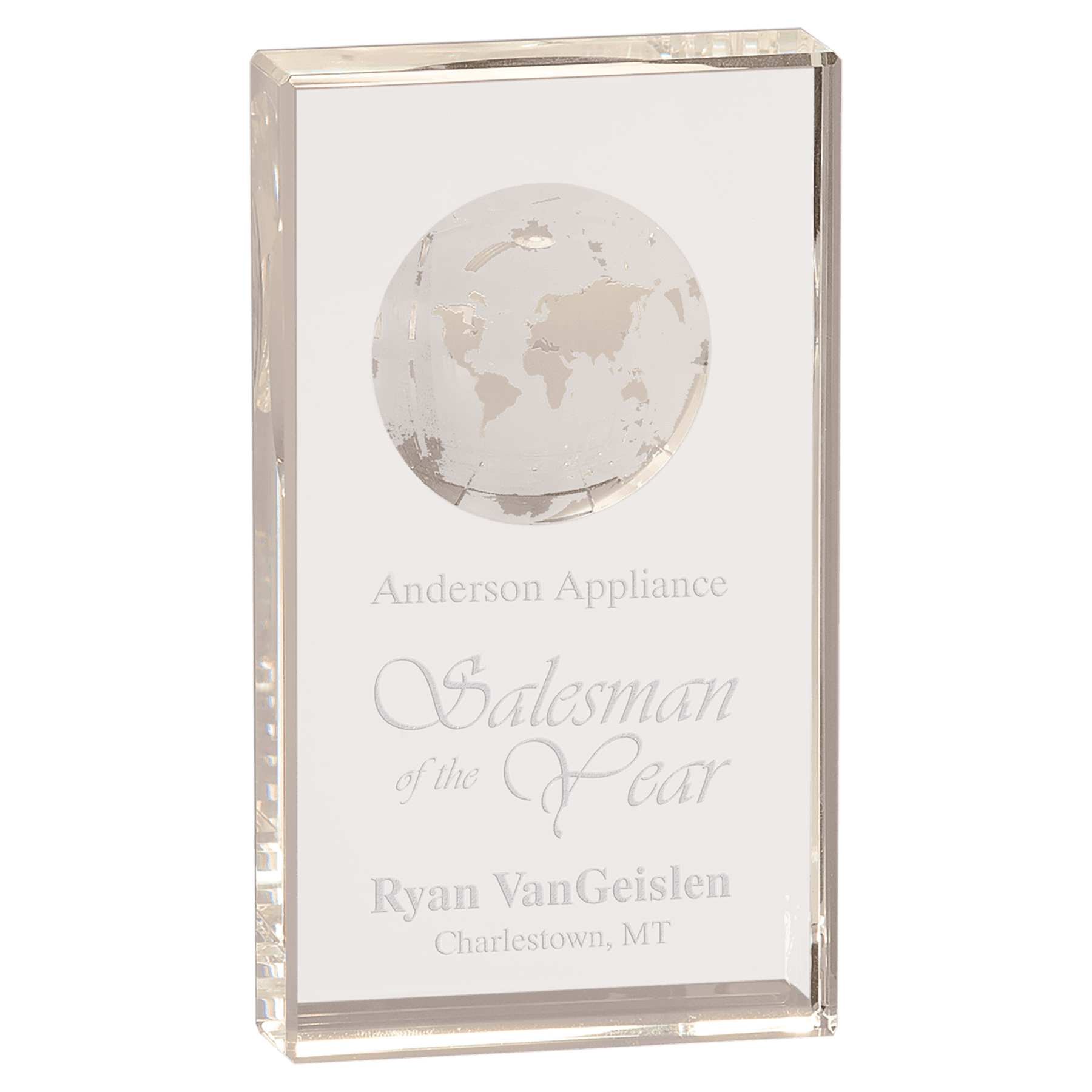 7" Crystal Rectangle with Etched Globe