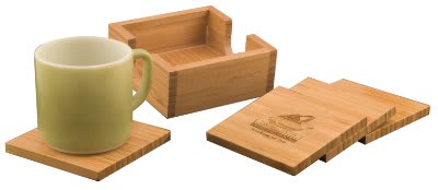Square Bamboo 4-Coaster Set with Holder