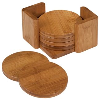 Round Bamboo 6-Coaster Set with Holder