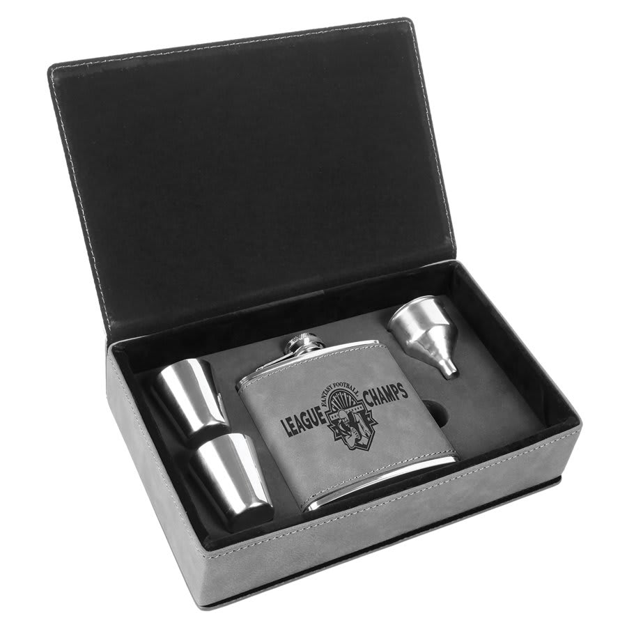 Gray 6 oz. Leatherette Flask Set