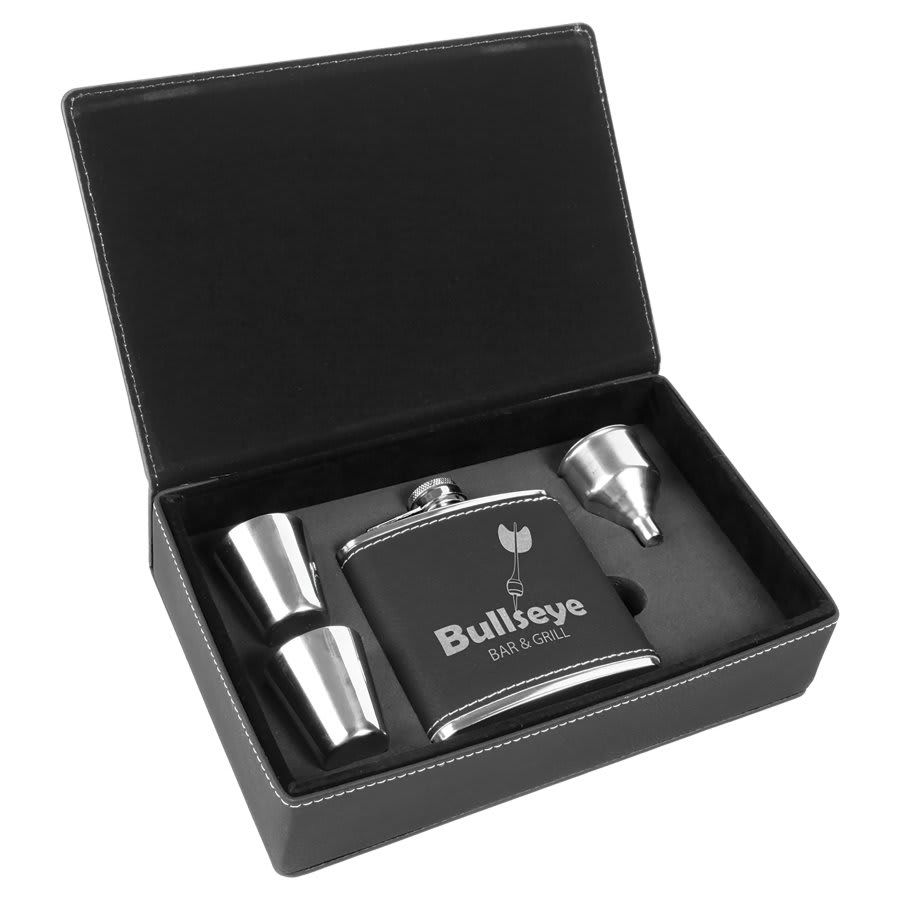 Black/Silver 6 oz. Leatherette Flask Set