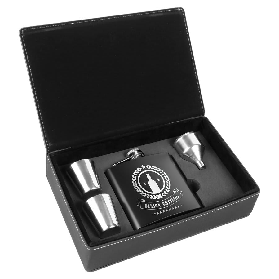 6 oz. Black Stainless Steel Flask Set in Black & Silver Leatherette Gift Box
