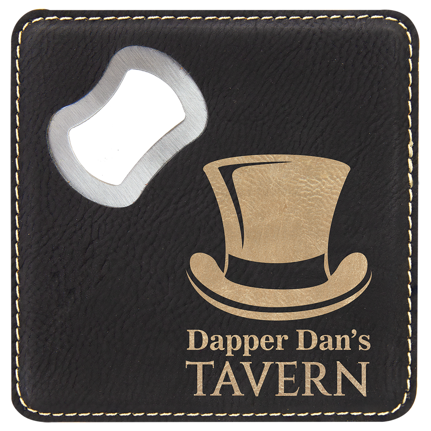 Black/Gold Lasered Leatherette Coaster with Bottle Opener