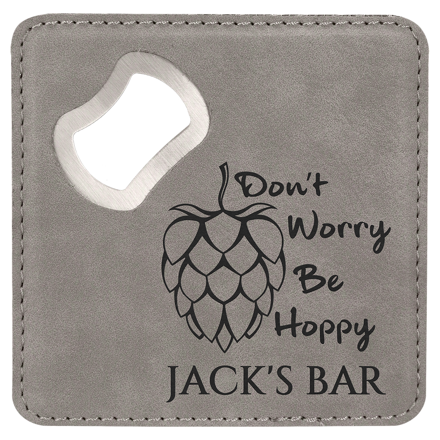 Gray Lasered Leatherette Coaster with Bottle Opener