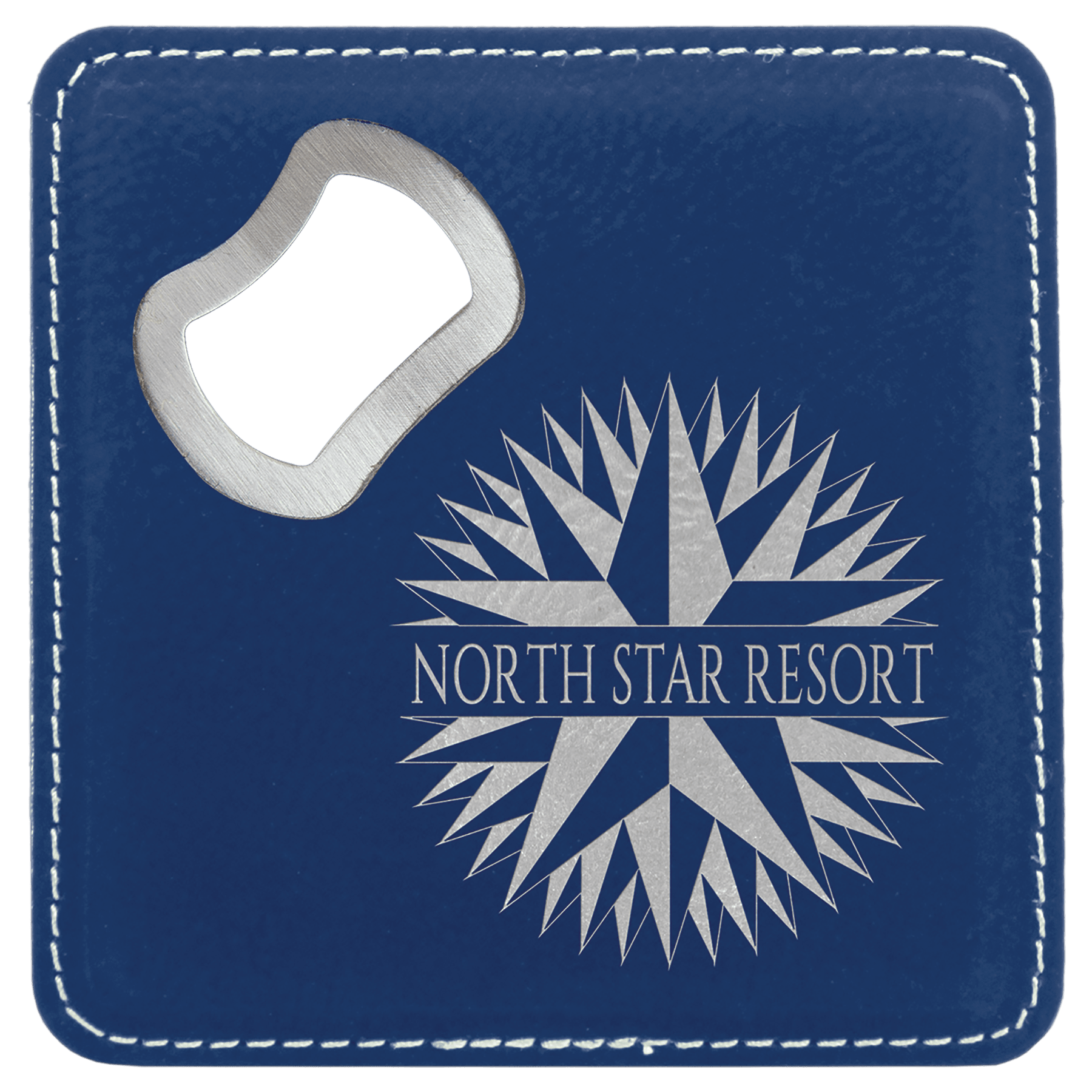 Blue/Silver Lasered Leatherette Coaster with Bottle Opener
