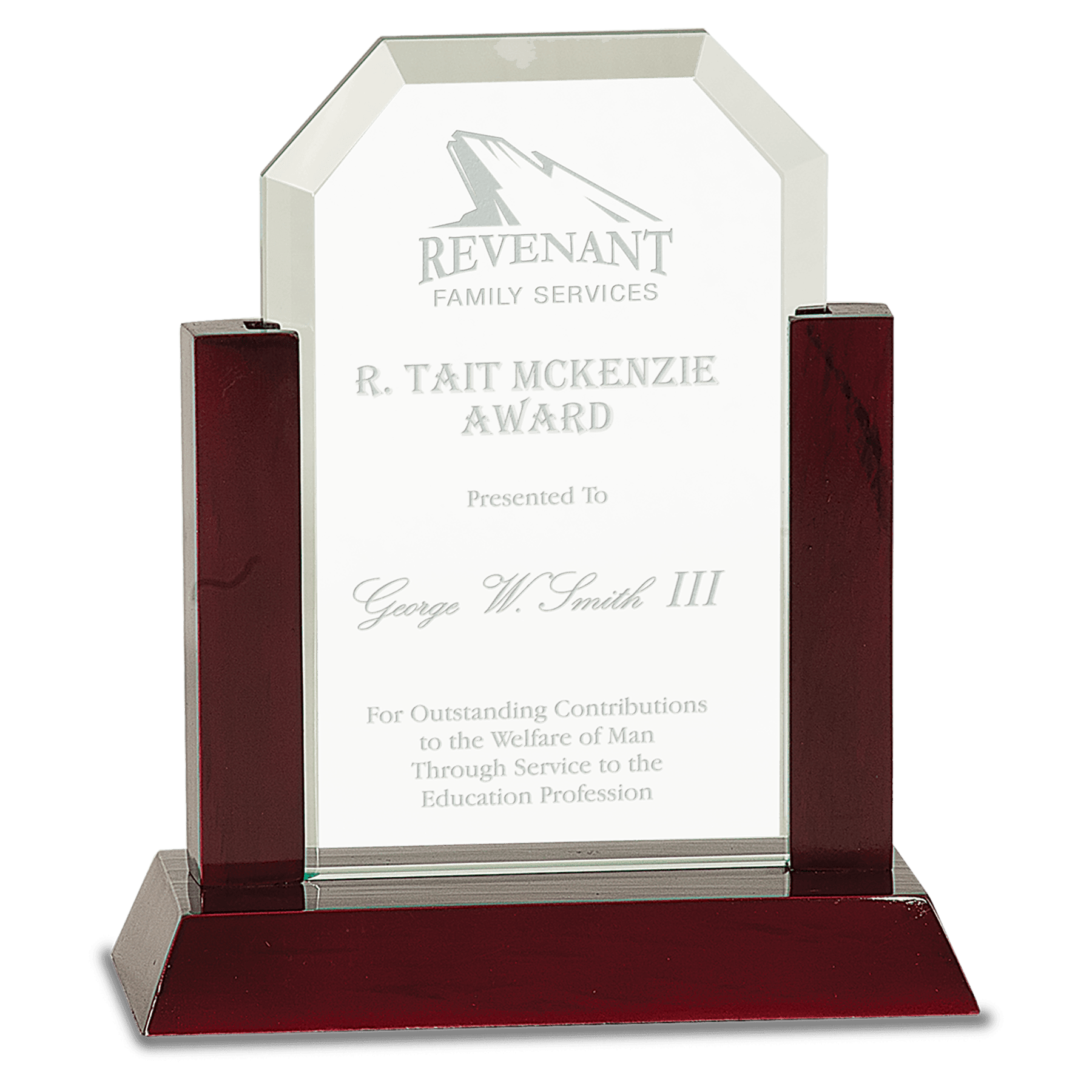 Small Gateway Jade Clip Corner Glass Award with Rosewood Finish Base