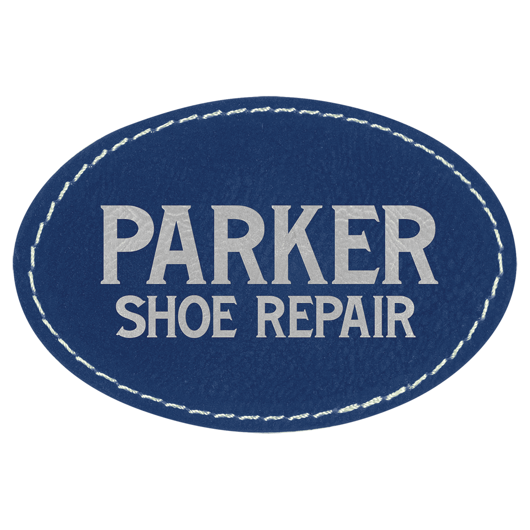 Oval Blue/Silver Laserable Leatherette Patch with Adhesive