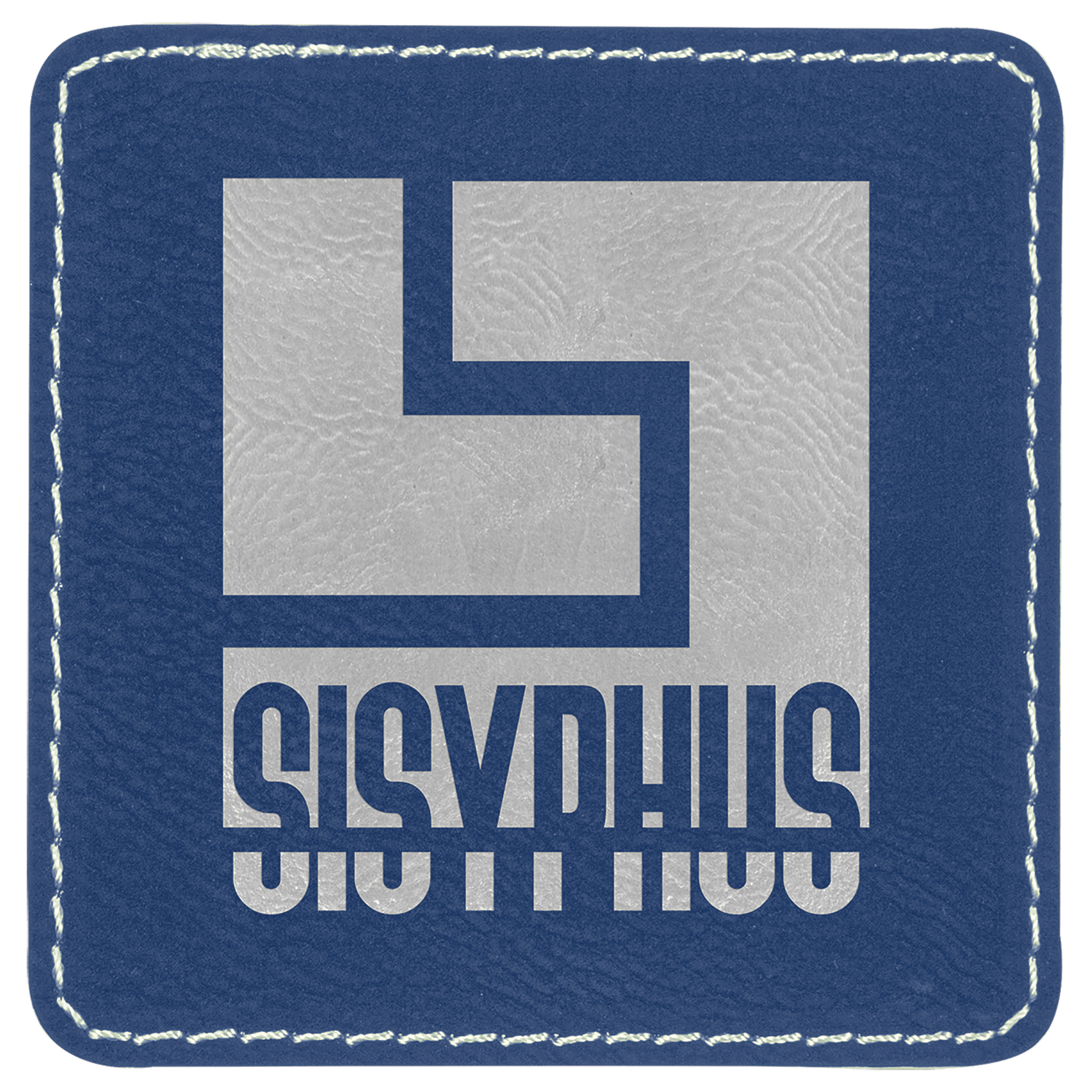 Square Blue/Silver Laserable Leatherette Patch with Adhesive